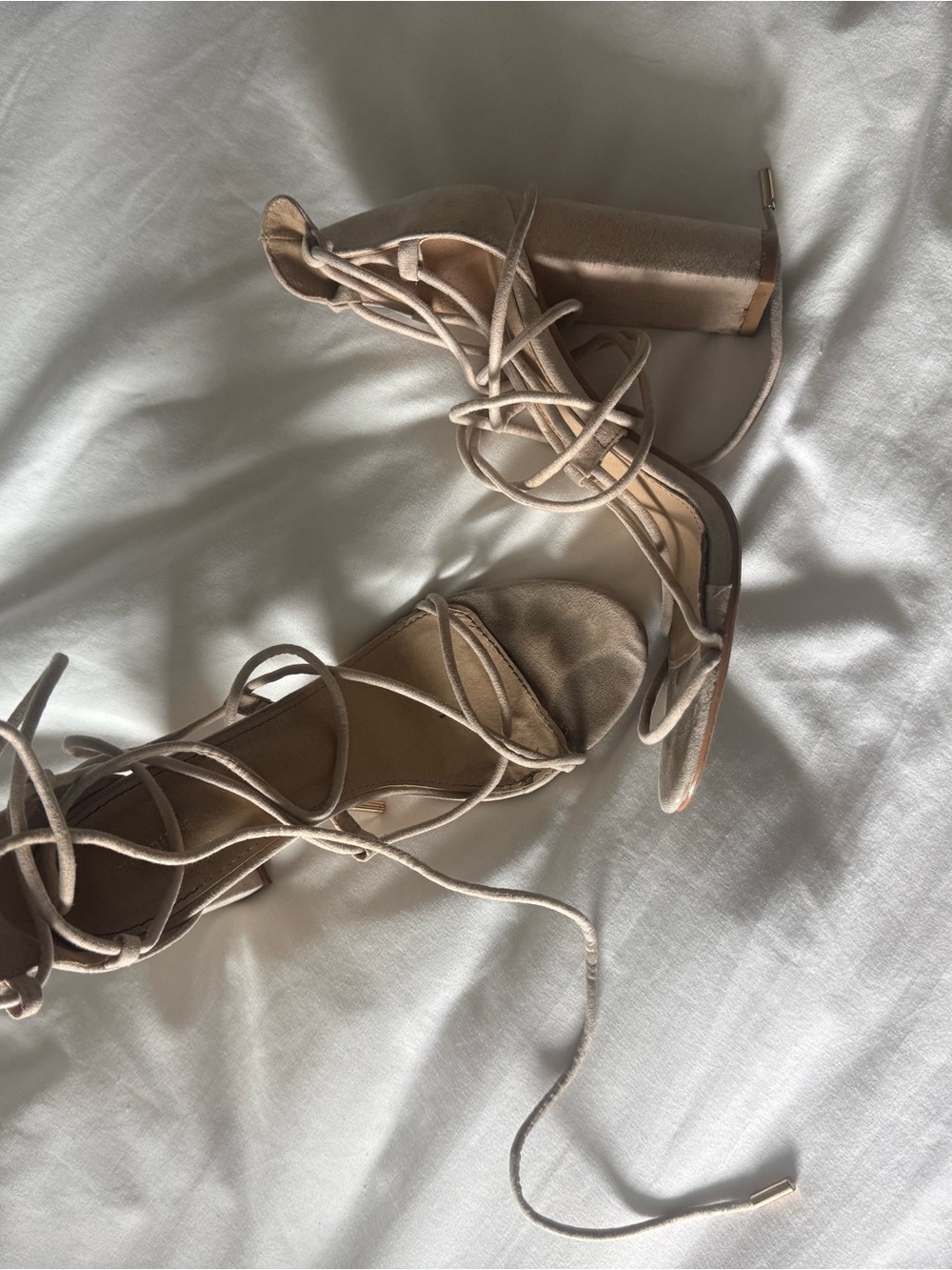 PrettyLittleThing Beige Wrap-Around Block Heel Sandals